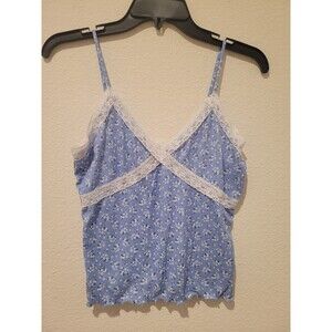 Wild Love Women's Blue Ribbed Floral Baby Doll Top Lace Trim Large Cami Y2K